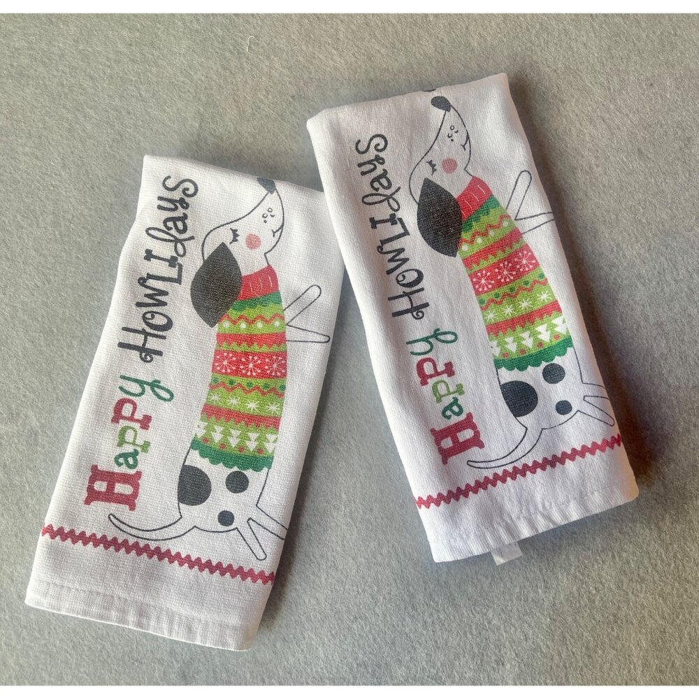 Ritzenthaler Happy Howlidays Dachshund Dog Christmas Kitchen Towels pair Cotton